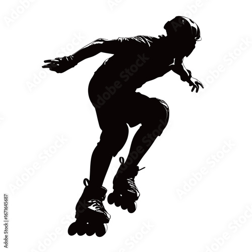 A skilled roller skater executes an impressive trick, captured in a striking silhouette against a white background during daylight. The motion showcases agility and balance.