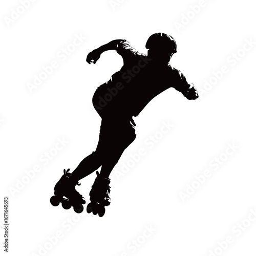 A skilled roller skater executes an impressive trick, captured in a striking silhouette against a white background during daylight. The motion showcases agility and balance.