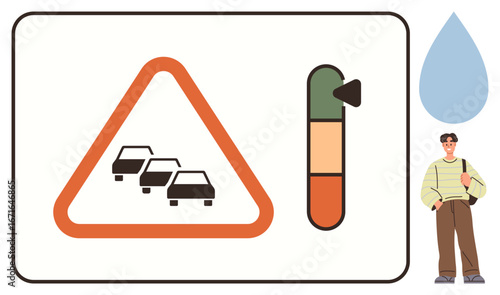 Traffic warning triangle with stacked cars and signal gauge indicating congestion. Casual pedestrian stands nearby. Ideal for transportation, safety, awareness, sustainability, urban planning