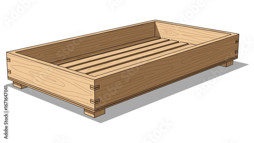 Detailed illustration of a rustic wooden tray featuring precise carpentry joints and a slatted base
