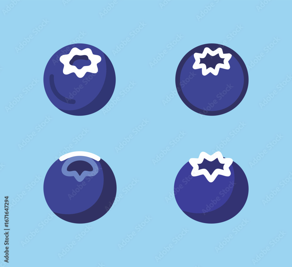 Obraz premium A set of blueberry icons in a flat and simple style on a blue background, perfect for fruit and healthy food designs.