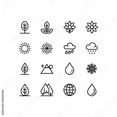 Collection of outline icons representing nature elements seasonal changes weather patterns and life cycle