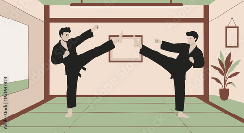 Illustration of two skilled martial artists in a synchronized kicking duel, training for combat in a traditional dojo