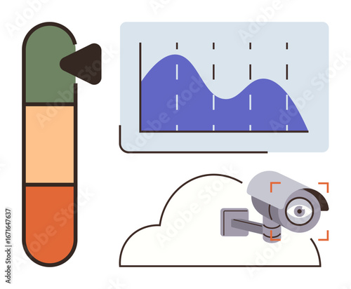 Camera monitoring cloud server, performance chart with fluctuating graph, security level gauge. Ideal for security, analytics, technology, surveillance, cloud computing, data protection efficiency