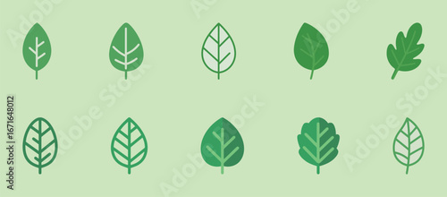 A set of different leaf icons in various green shades, representing nature, plants, and environmental concepts.