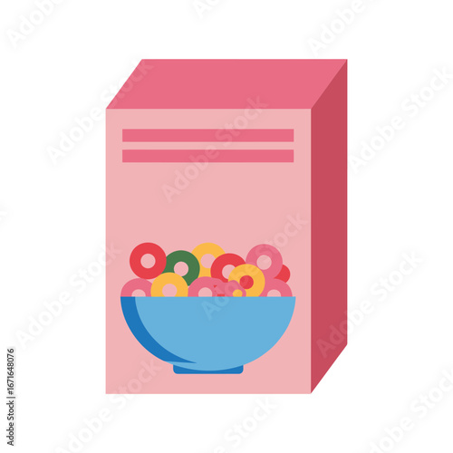 Pink cereal box displaying colorful breakfast rings in a blue bowl