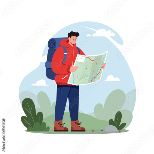 Man Reading Topographic Map While Hiking In Nature