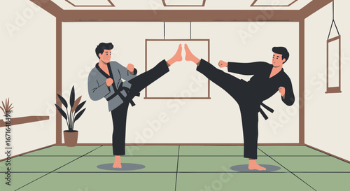 Two martial artists practicing high kicks in a traditional dojo training session. Vector illustration of men sparring