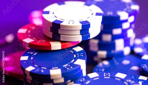 Close-up of stacked poker chips in red, white, and blue, under purple lighting