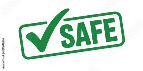 Green checkmark and the word safe inside a rounded rectangle