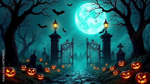 Spooky Halloween Night Scene with Pumpkins and Eerie Moonlight