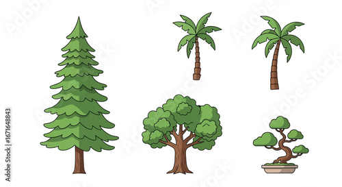 Various trees stand tall against a white backdrop, showcasing different species and shapes in a simple, clean presentation.