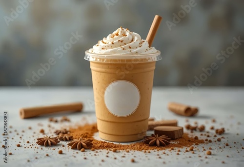 Fototapeta Naklejka Na Ścianę i Meble -  Pumpkin spice latte in takeaway cup, scattered spices around, professional advertising style. Mockup style, space for text in a white circle.