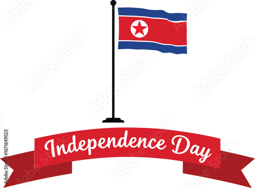 North Korea Independence Day – 09 September Vector with Flagpole, Ribbon Banner & Patriotic Symbolism