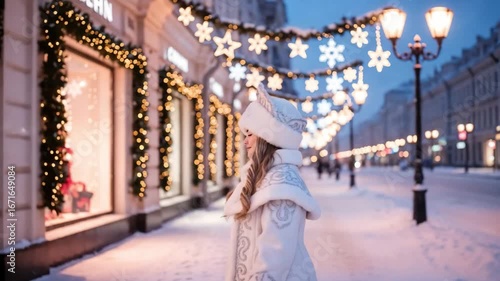 Beautiful young woman in traditional winter costume walking on snowy festive street with Christmas lights, fairy tale holiday atmosphere, snowflakes falling, magical New Year night.
