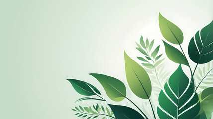 Lush green leaves and branches form a vibrant corner design against a soft, light green background.