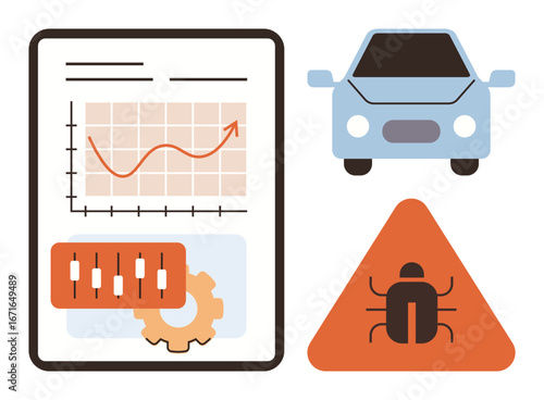Report with rising chart, gear, and sliders, a car icon, and a warning sign with a bug symbol. Ideal for technology, automotive, software analysis debugging performance innovation. Simple flat