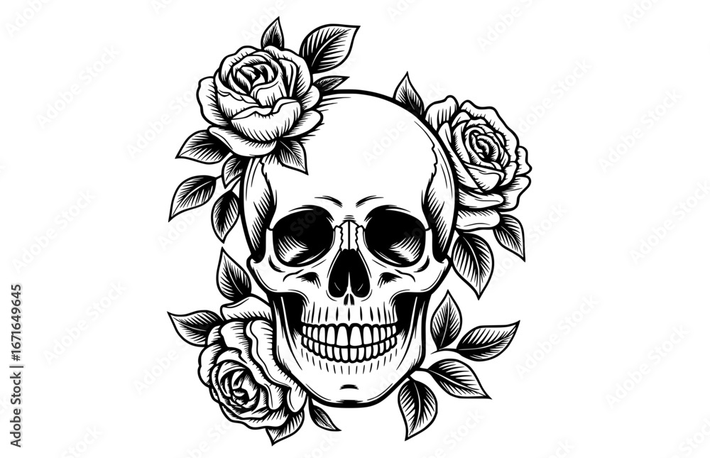 Fototapeta premium Skull and roses decorative illustration for clothing, rock music, and alternative branding projects