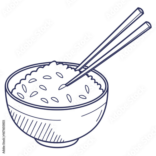 Illustration of a bowl of rice with chopsticks, , perfect for asian cuisine or healthy eating design
