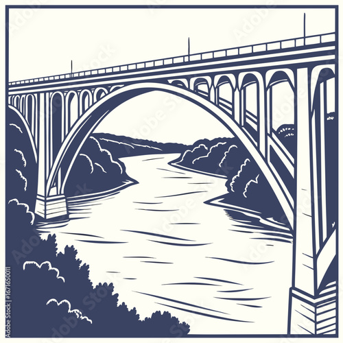 Illustration of a bridge over a river, , showcasing architectural design and scenic landscape view