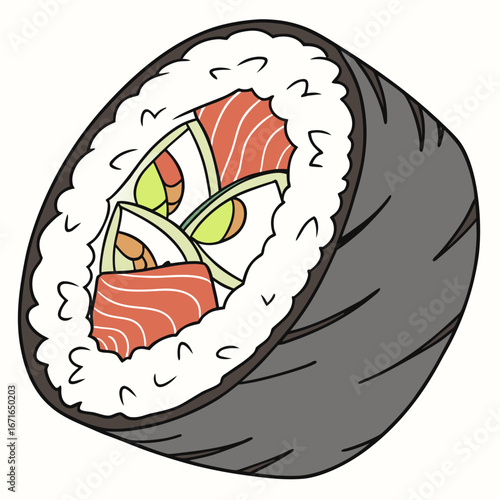 Illustration of a delicious sushi roll with salmon, rice, and seaweed, perfect for japanese cuisine themes