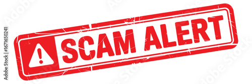 Red and white scam alert warning sign with exclamation mark