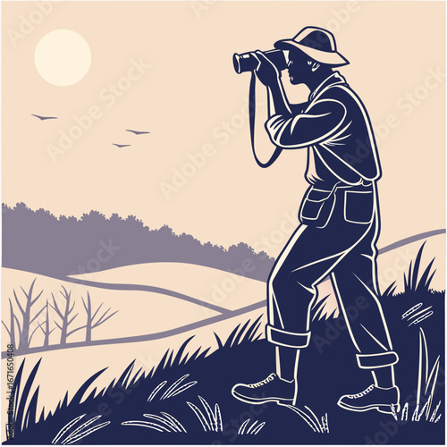 Illustration of a man with binoculars observing nature, highlighting exploration, adventure, and the beauty of the landscape under the moon