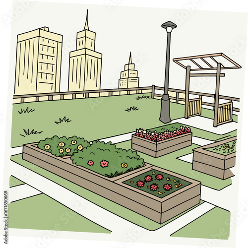 Illustration of a rooftop garden with flower beds and city buildings in the background, creating a peaceful urban oasis