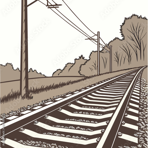 Illustration of a railroad track curving through a rural landscape with trees and sky, conveying a sense of travel and connection