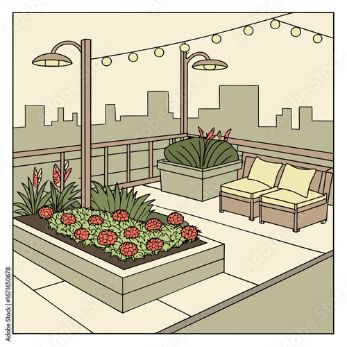 Illustration of a rooftop garden with flower beds, furniture, and city skyline, creating a relaxing urban retreat