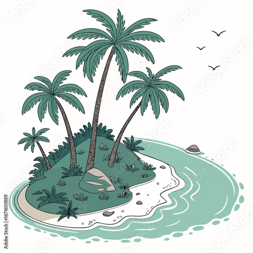 Illustration of a tropical island with palm trees, surrounded by the sea, birds flying in the sky