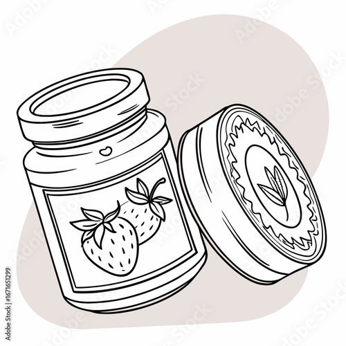 Vector art of a hand drawn illustration of a jar of strawberry jam with an open lid, perfect for a rustic or homemade feel