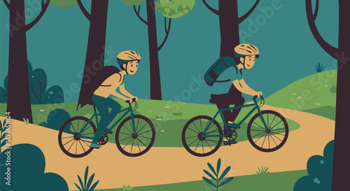 A young couple with backpacks cycling together on a scenic trail through a green forest, outdoor activity vector illustration