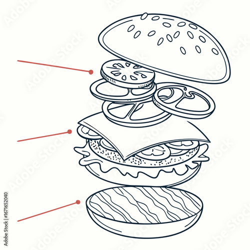 Vector art of exploded view illustration of a hamburger with ingredients like tomato, cheese, lettuce, and beef