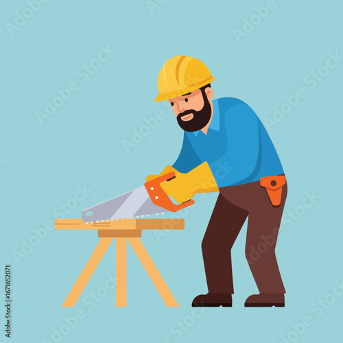 Worker sawing wood at workbench