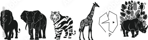 Wild animals silhouette set with lion, elephant, tiger, giraffe, rhino in tribal, geometric, foliage, and creative artistic styles