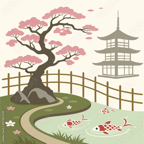 Vector art of japanese garden with koi pond, cherry blossom tree, and pagoda, evoking a sense of tranquility and beauty in a traditional asian landscape