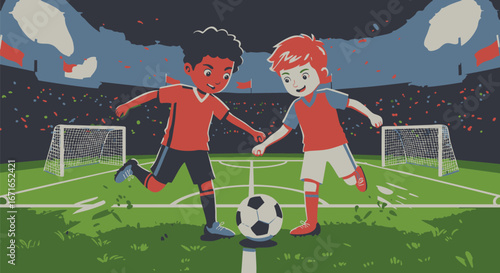 Vibrant vector illustration of two diverse young boys competing in a spirited soccer match inside a crowded stadium