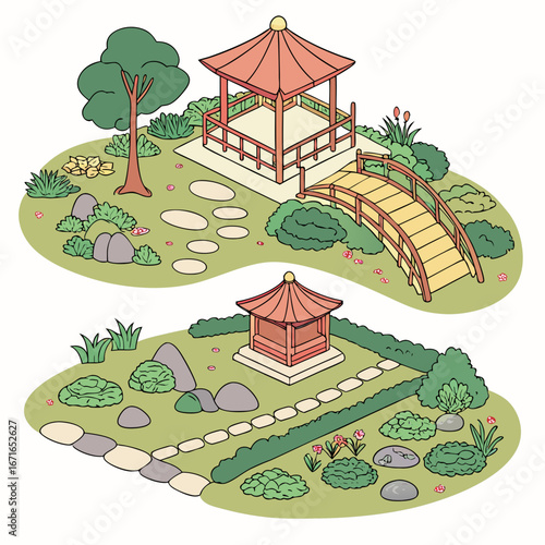 Vector art of tranquil japanese zen garden with pavilions, bridges, stones, and trees, a serene landscape for relaxation and meditation