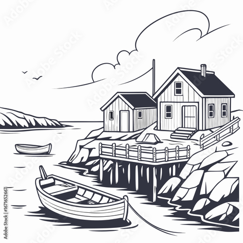 Vector art of two houses stand by the sea, with boats docked nearby, creating a serene coastal scene