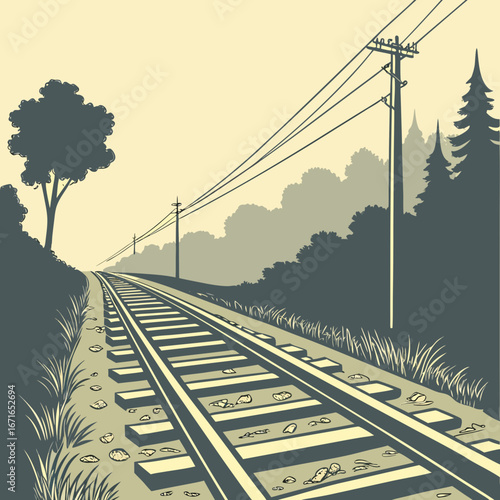 Vector art of vintage illustration of a railroad track stretching into the distance, evoking a sense of travel and adventure on a rural landscape