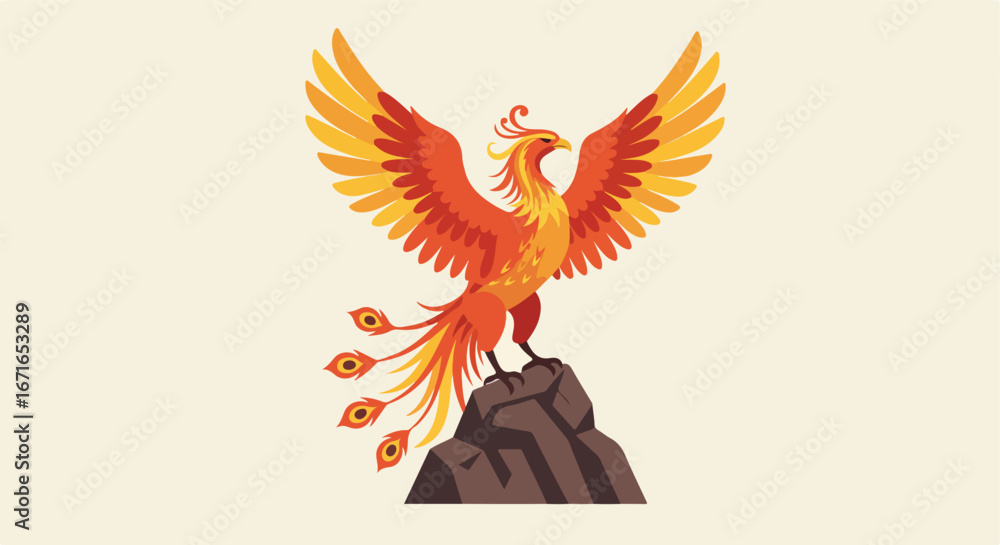 Fototapeta premium Phoenix Spreading Wings on a Rock