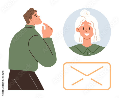 Curly-haired man contemplating connection with woman displayed in chat bubble beside mail envelope. Ideal for communication, networking, relationships, messaging, email, collaboration