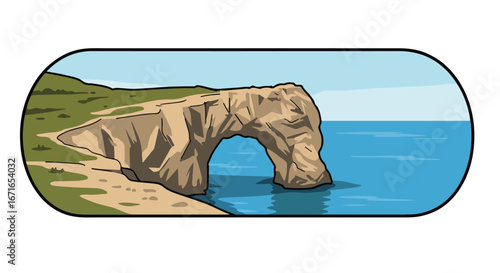 Arch Stands Tall Near the Coastline, Ocean Waves Crashing Underneath Rocks