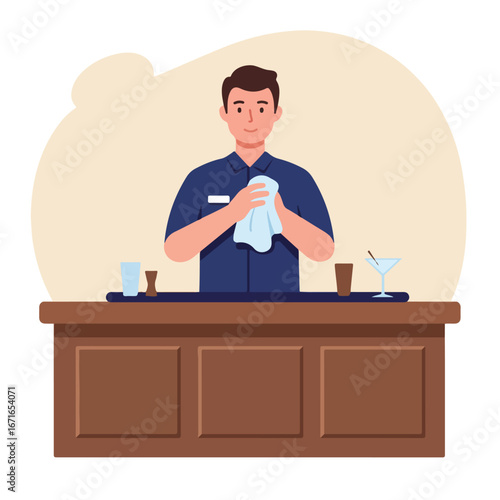 Bartender Polishing Glassware at Bar