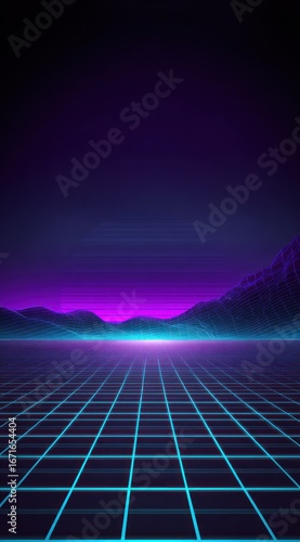 Synthwave landscape purple mountains rise above a neon grid, fading into dark sky