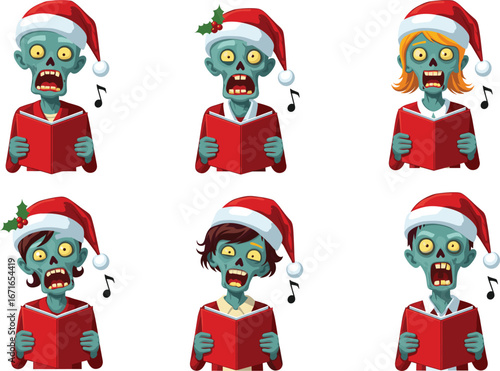 Funny zombie Christmas carolers, spooky holiday singing, Santa hat zombies, horror Christmas choir, cartoon undead, holiday music, festive horror characters