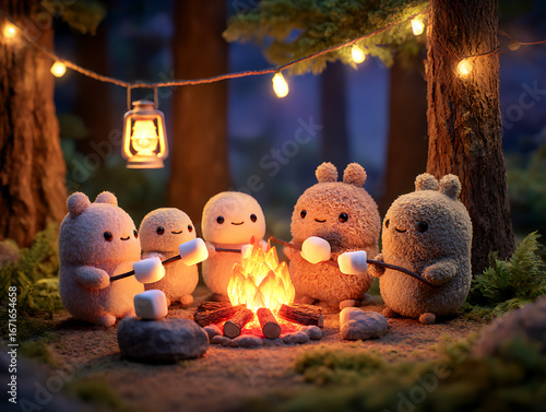 Cute cartoon animal friends gather around a campfire roasting marshmallows at night