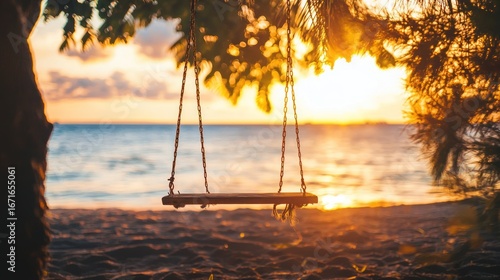 Wooden swing hanging from tree on beach at sunset.