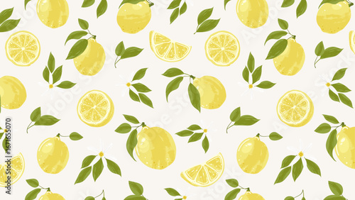 Seamless Summer Background With Lemons And A Flower. Marine summer drawing for postcards, prints, posters. Vector